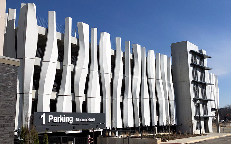 The Monroe Street Parking Garage featuring 12,000 square feet of custom facade panels from Branch Technology.