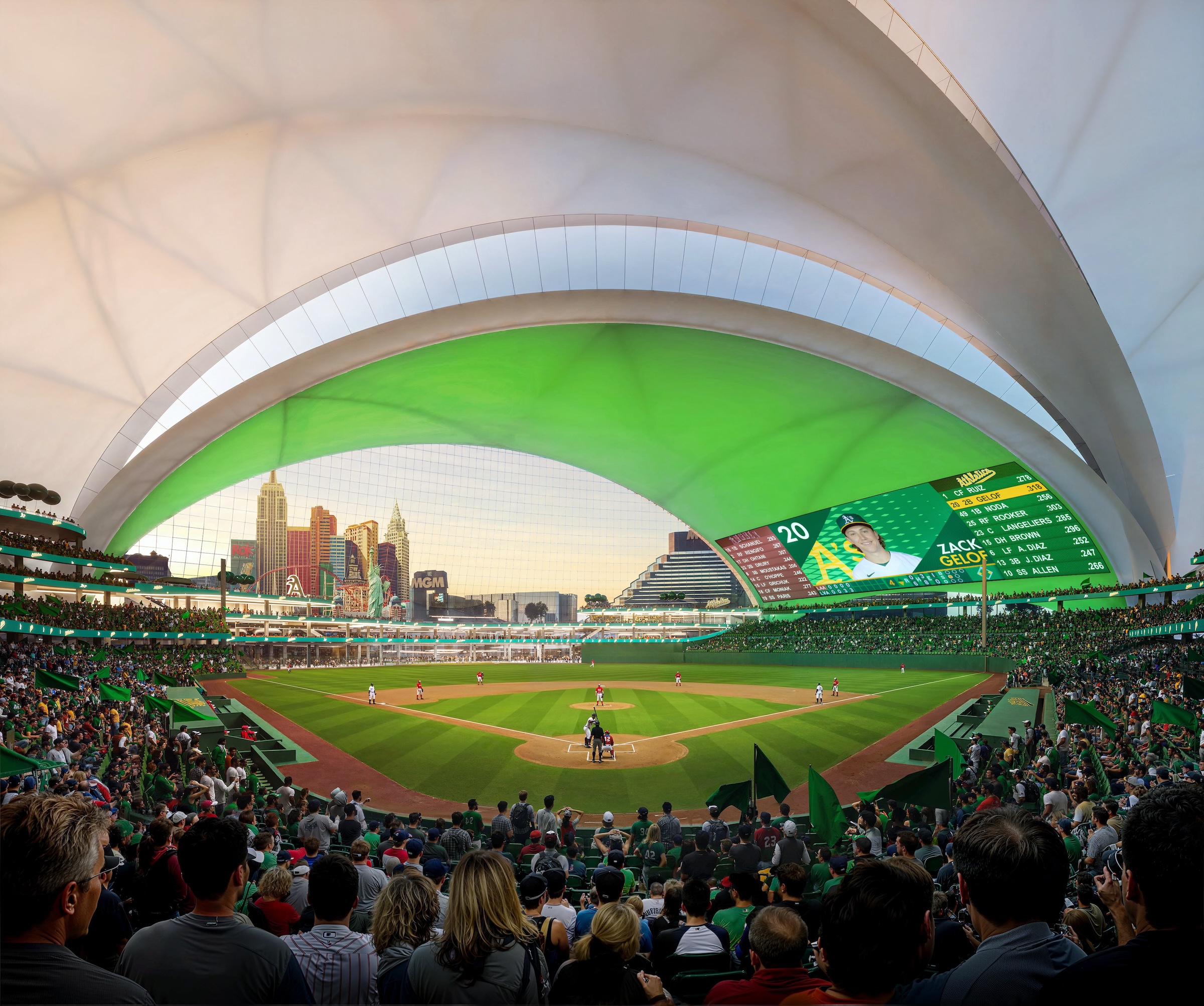 Bjarke Ingels’ design for the Oakland A’s new Las Vegas ballpark. Rendering by Negativ 