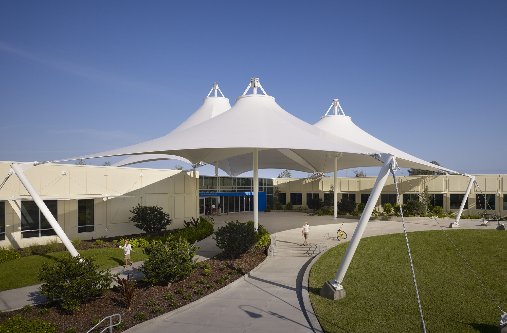 Fabricated shade structures outside of building