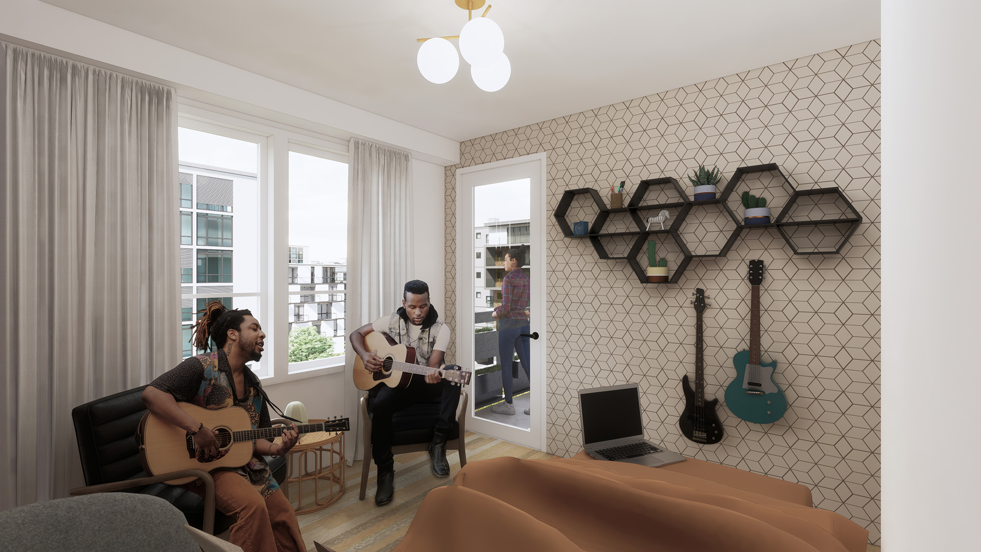 Two people playing guitar in multifamily residence