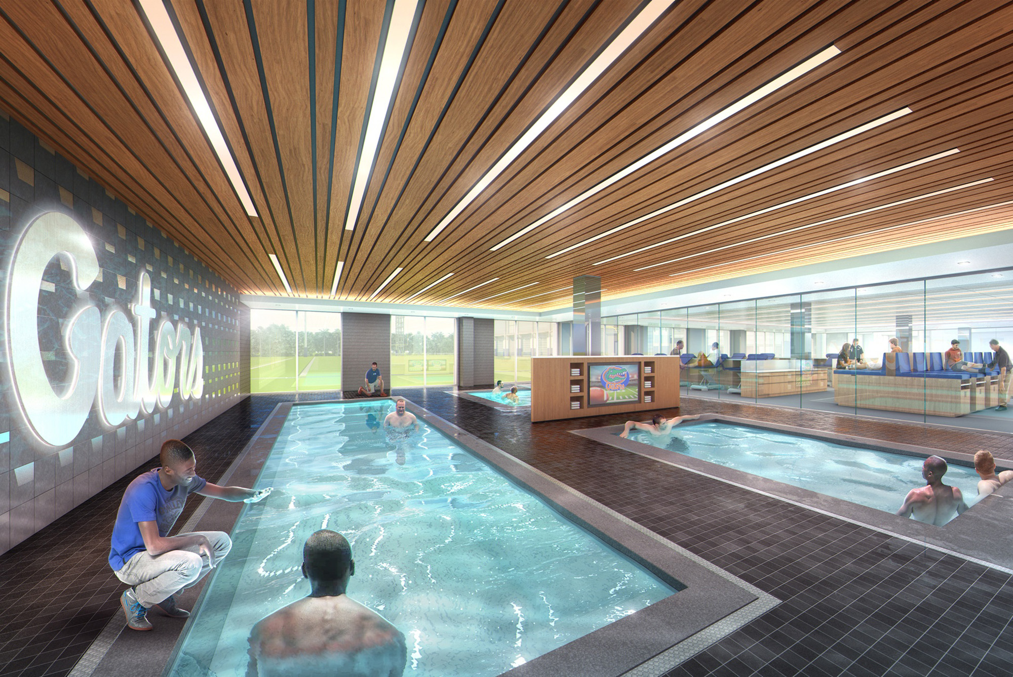 Rendering of the hydrotherapy room at the James W. “Bill” Heavener Football Training Center at the University of Florida in Gainesville