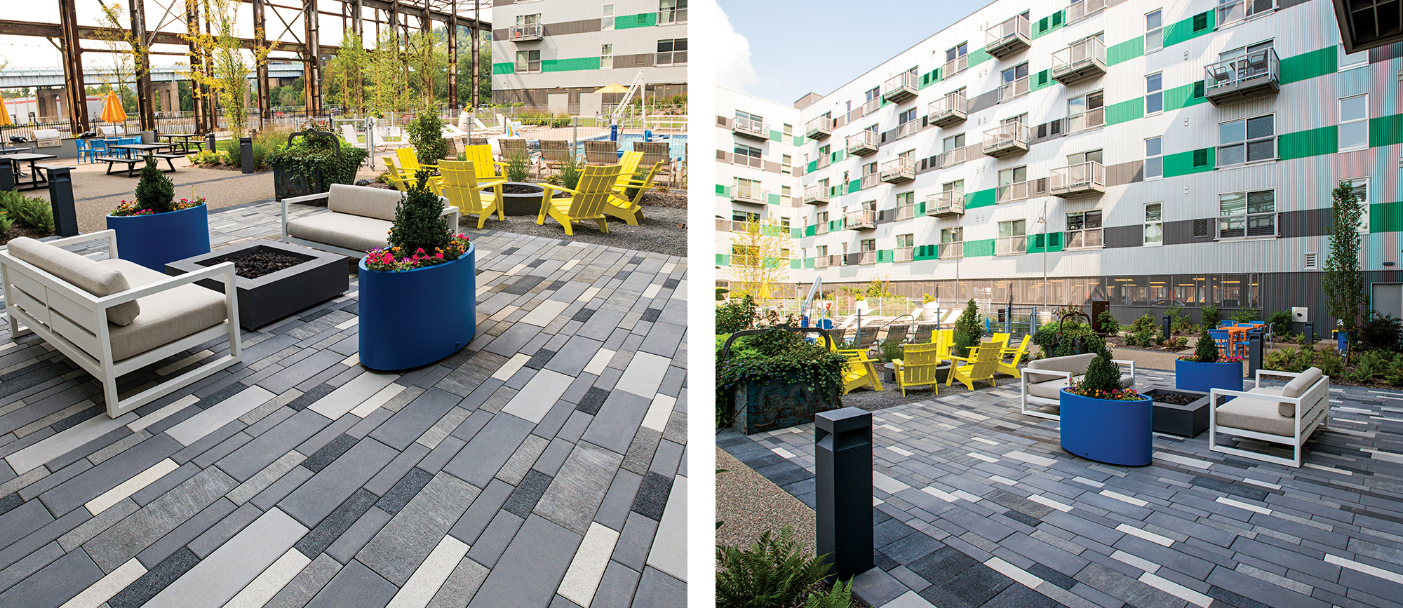 Pavers at the The Foundry multifamily in Pittsburgh were used to make a friendly urban gesture to the neighborhood and provide a nice amenity space for the residents.