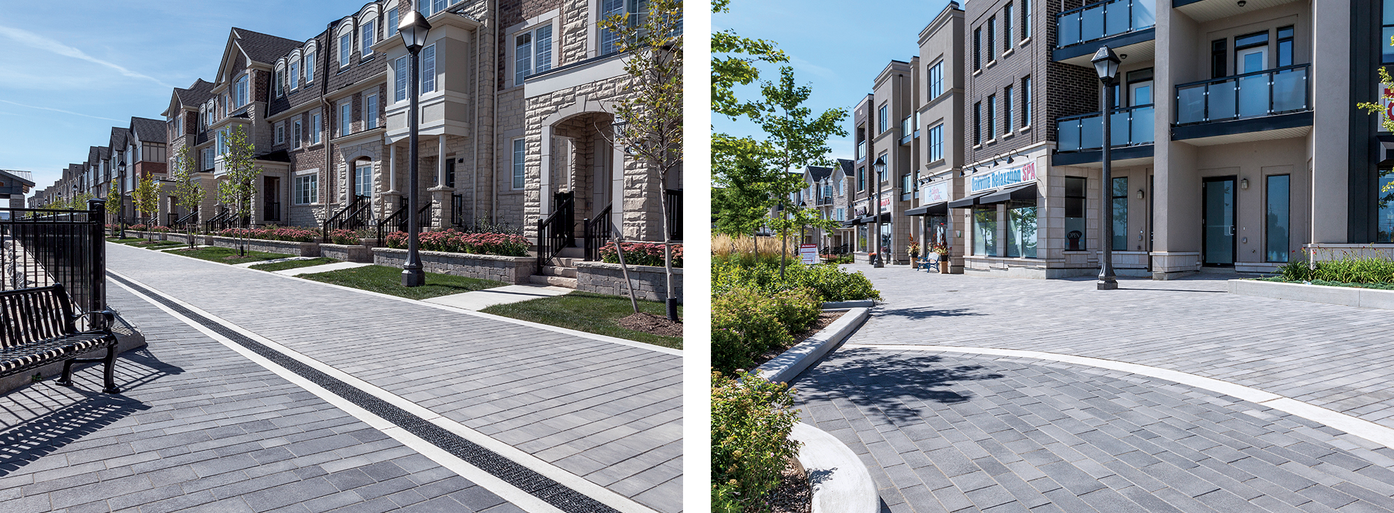 An extended urban walking trail/promenade separates townhomes and a mixed-use area from a stormwater management pond at Mattany Developments in Oakville, Ontario.