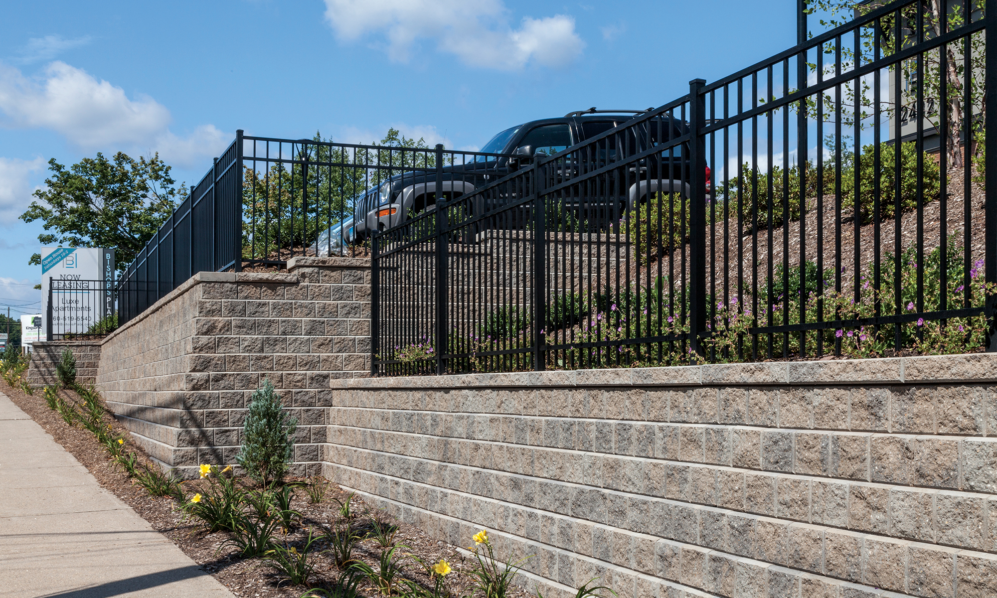 This retaining wall at Bishop’s Place in West Hartford, Connecticut, lends a nice aesthetic and maximizes the space on the property.