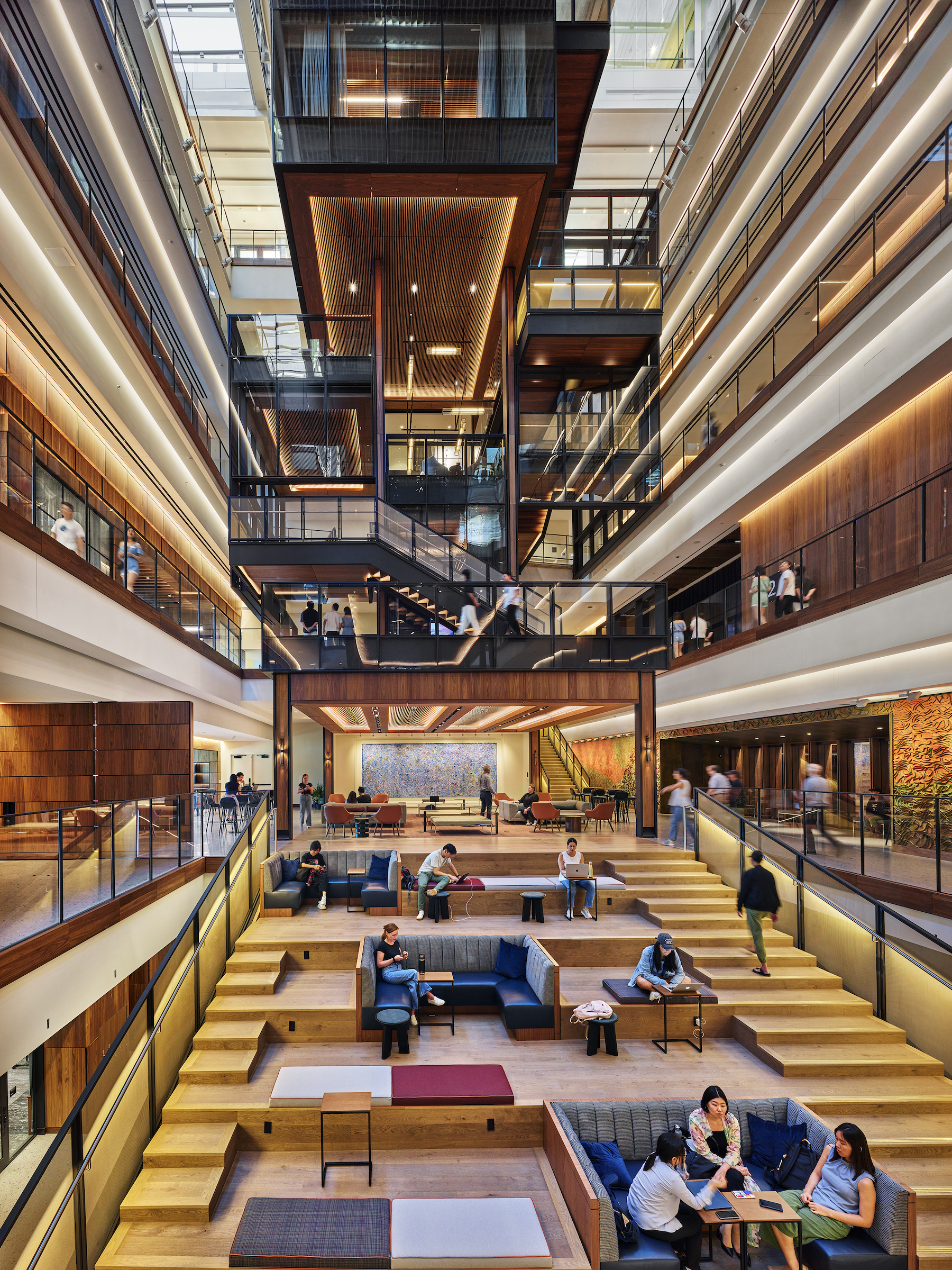A stacked assemblage of classrooms within Johns Hopkins University Bloomberg Center.