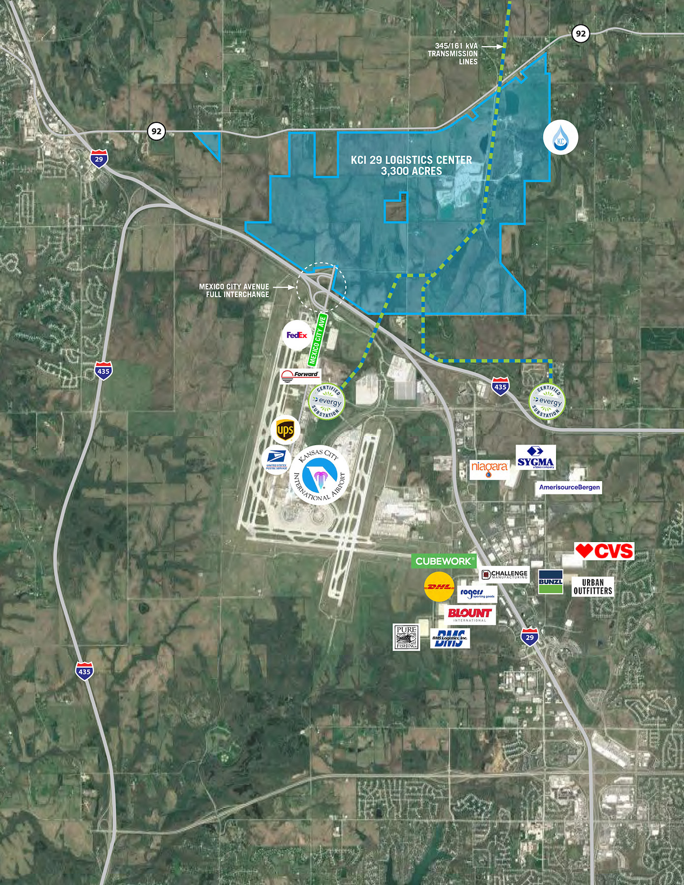 The 3,300 acres is next to Kansas City International Airport.