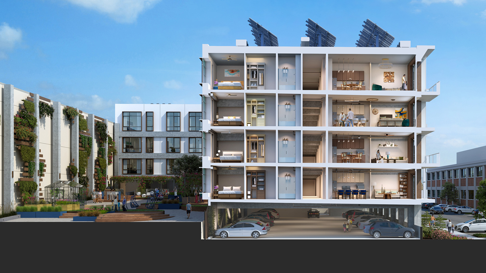 Modular adaptive reuse housing project cross section rendering