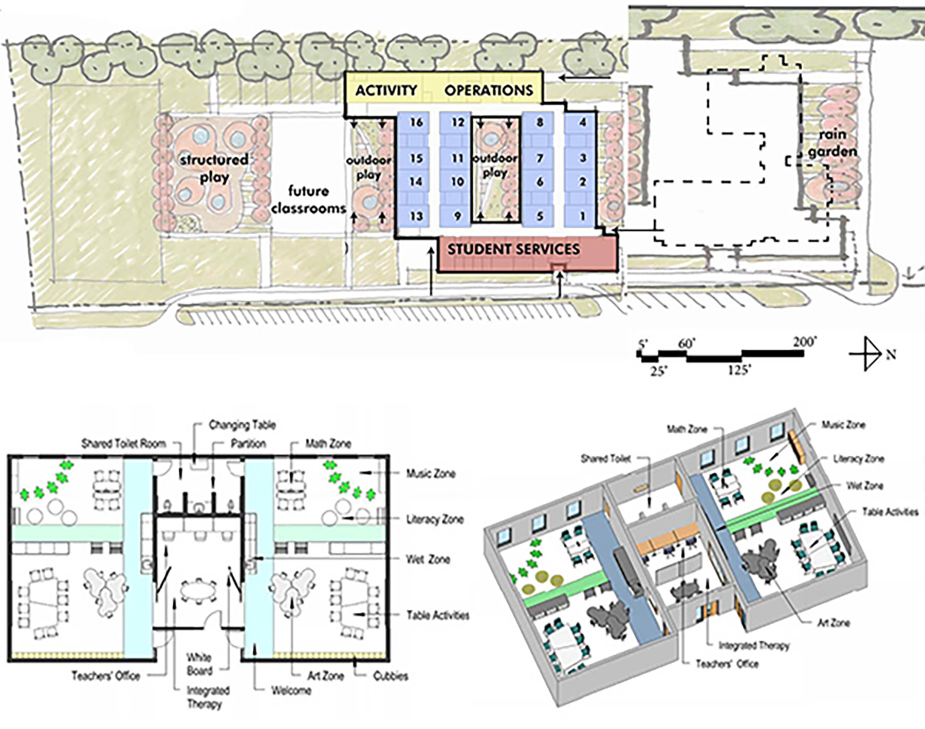 Test fit for how a kindergarten expansion might fit on an existing campus