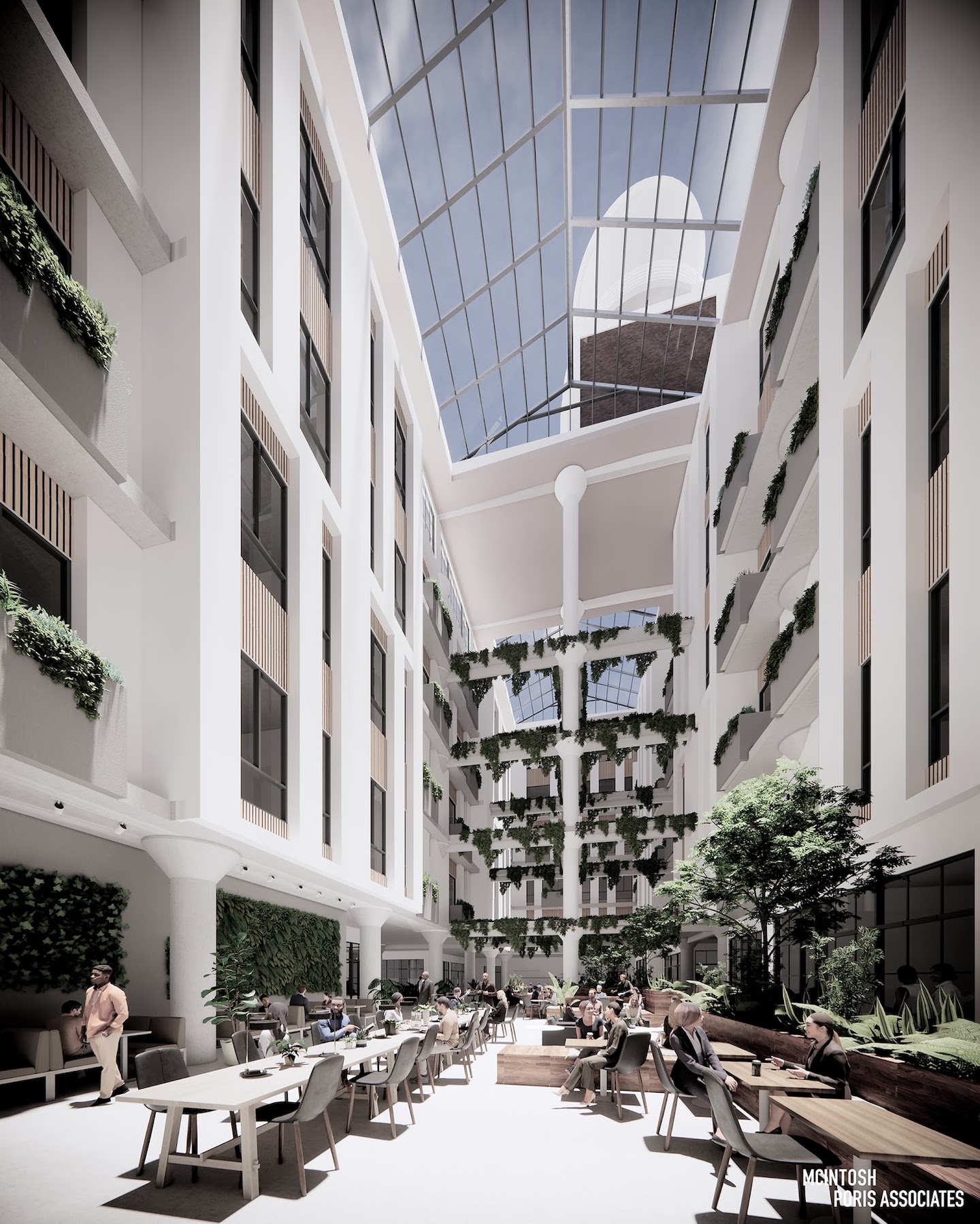 The redevelopment will include three atria with skylighting.