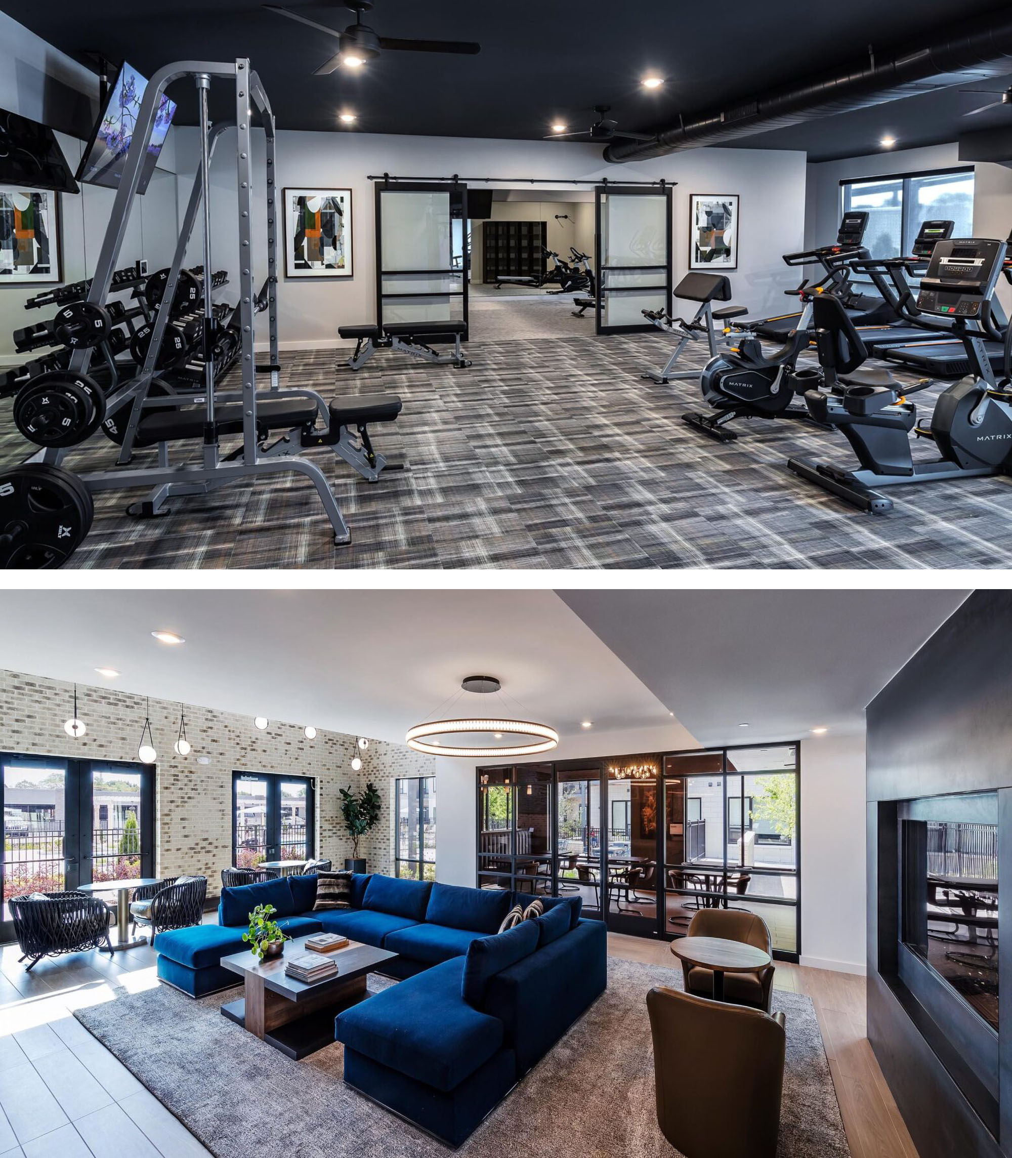club room and lounge, fitness center at mall-to-apartments conversion