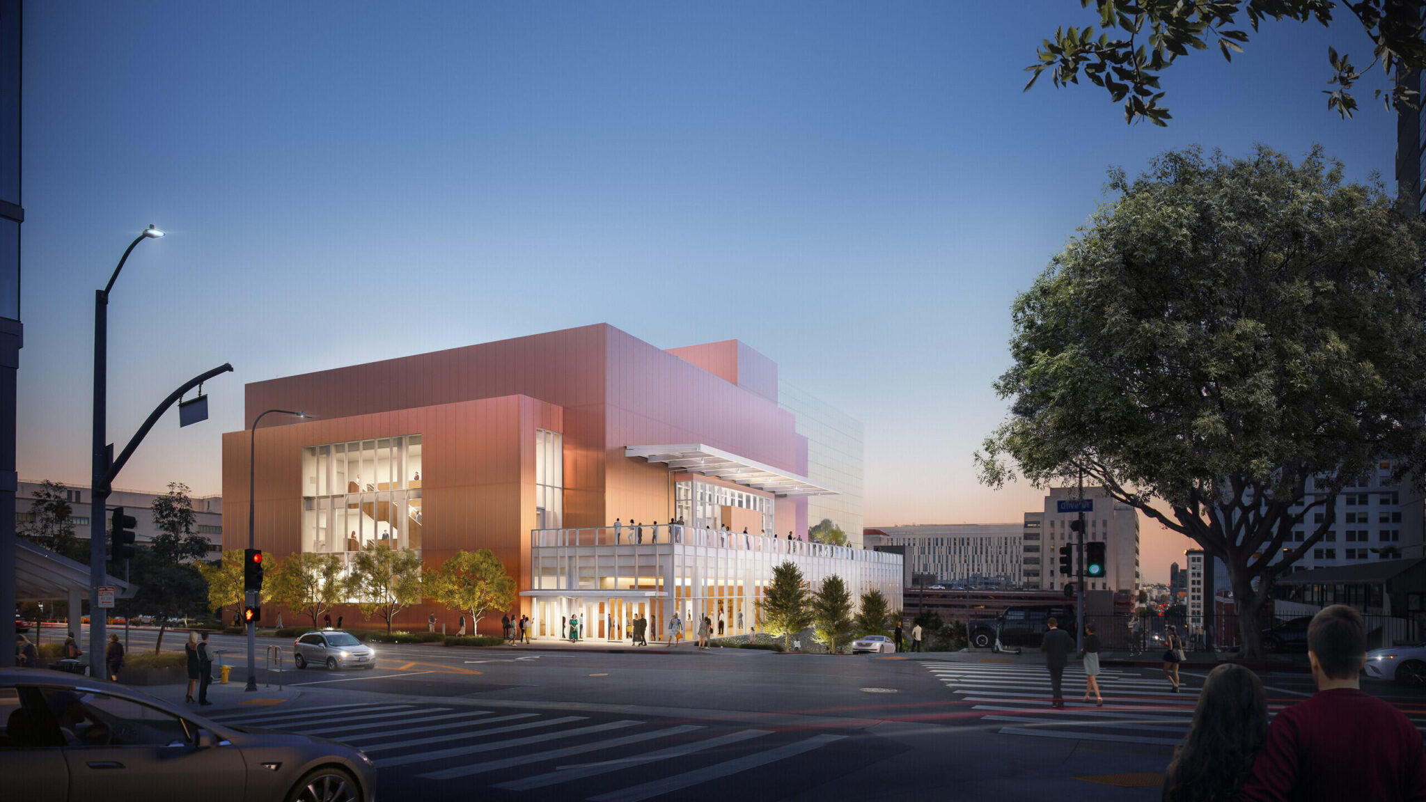 Rendering of the Colburn Center at the Colburn School. View East from Olive Street towards entrance to the concert hall. Courtesy Frank O. Gehry & Gehry Partners, LLP