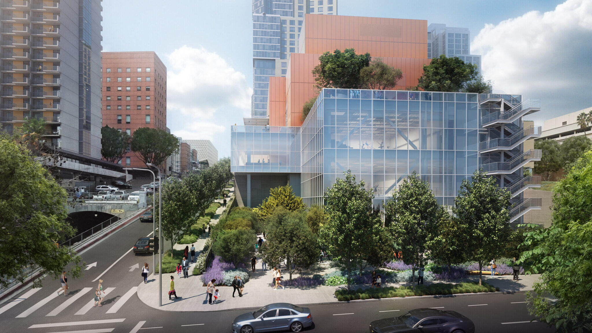 Rendering of the Colburn Center at the Colburn School. View from Hill Street West towards dance school entrance, dance studios, and public garden. Courtesy Frank O. Gehry & Gehry Partners, LLP