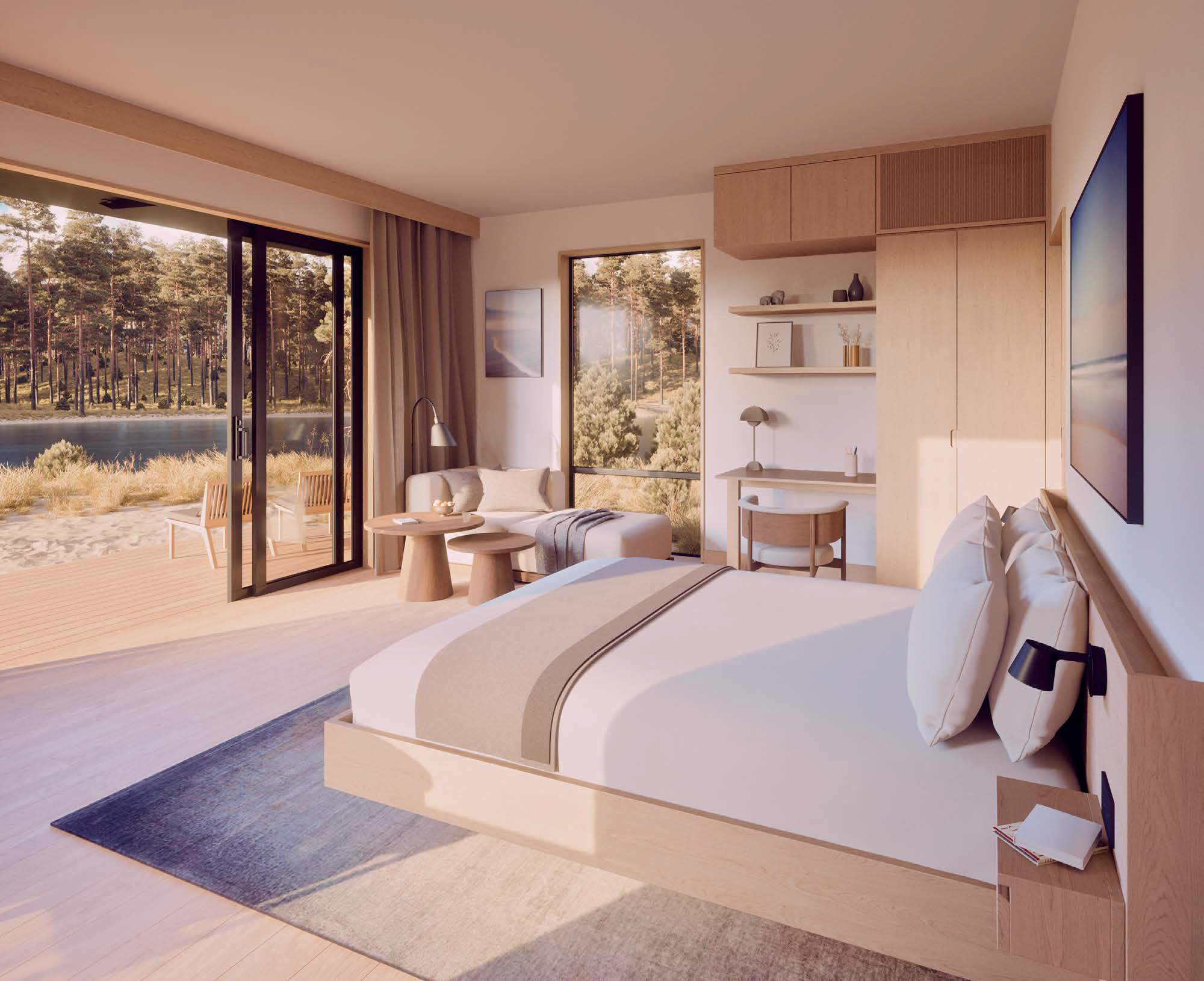 Tomu Inc.'s Studio Villa Model (480 sq. ft.) - Living and Sleeping Area Rendering