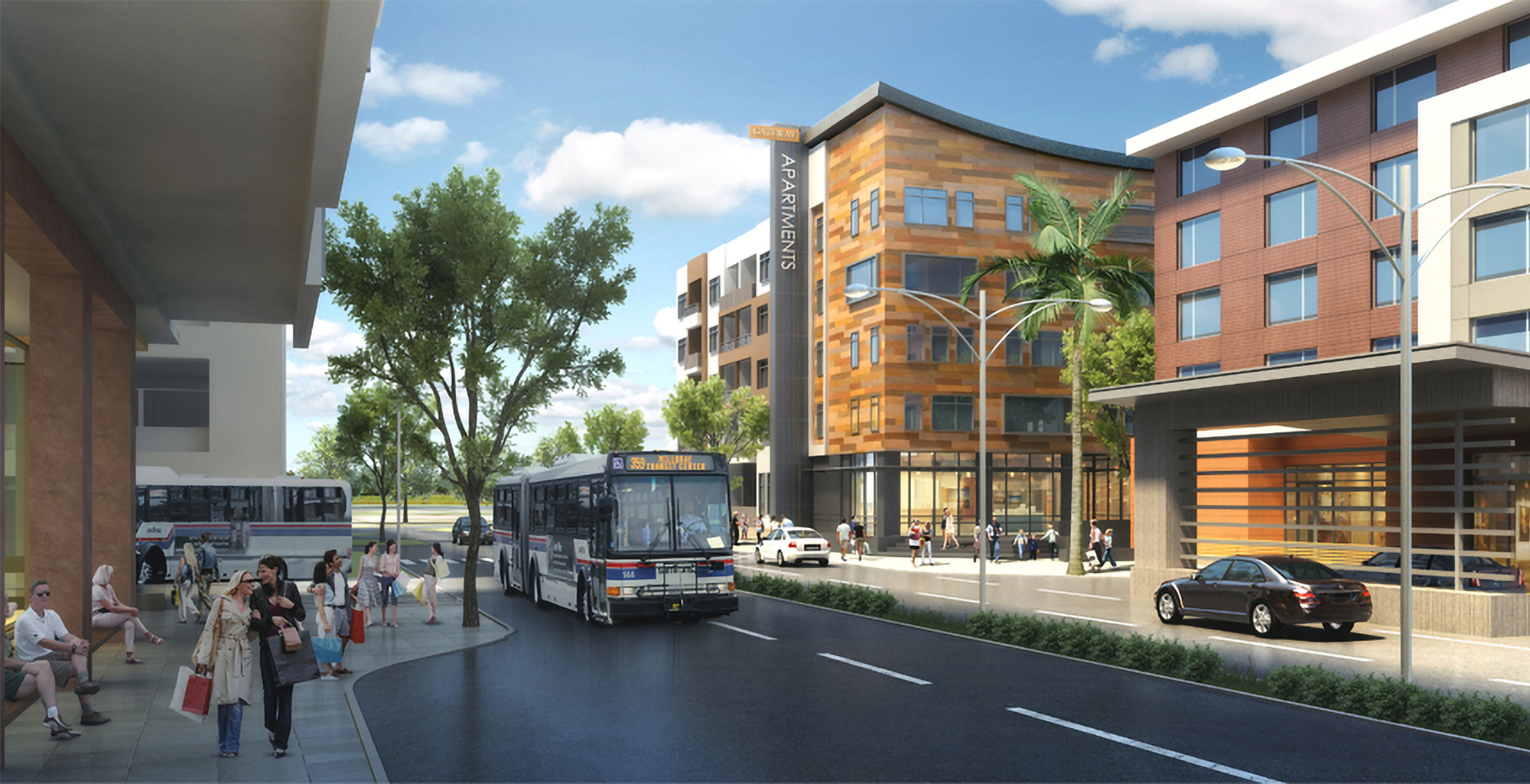 Mixed-use multifamily street view rendering