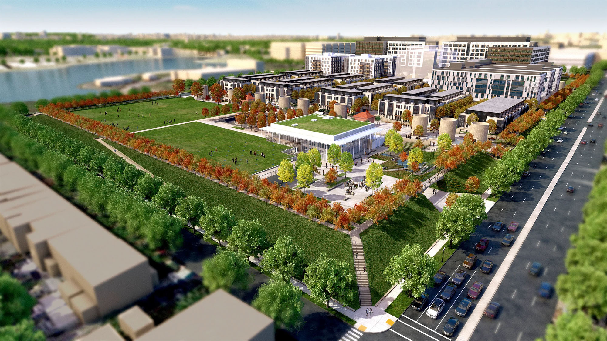 A rendering of the anticipated Reservoir District, built on the former McMillan sand filtration site in Northwest Washington, DC 