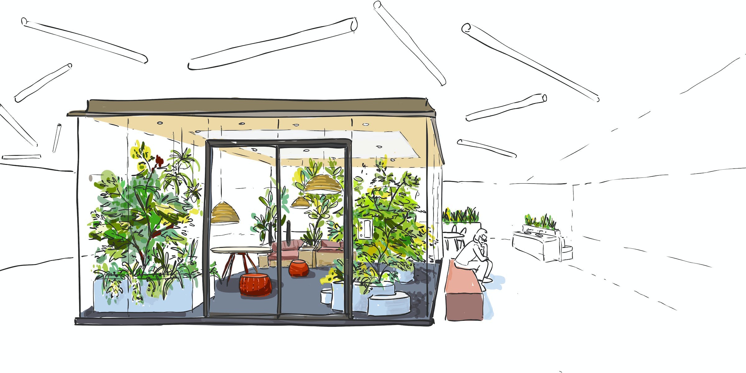 Drawing of plant-filled office