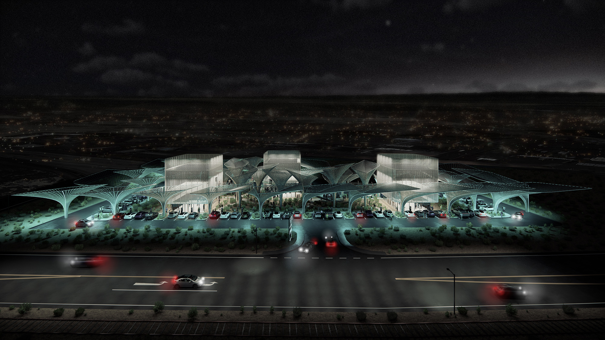 Electric Oasis concept of modern electric vehicle gas station at night
