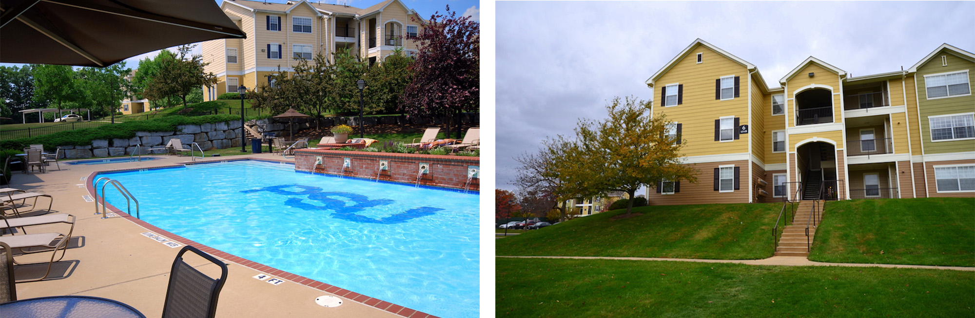 Pool and exterior of Penn State student housing communities