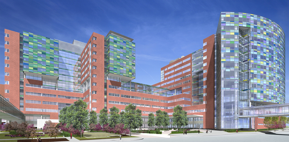 The complex includes 560 private patient rooms, 33 state-of-the-art operating ro