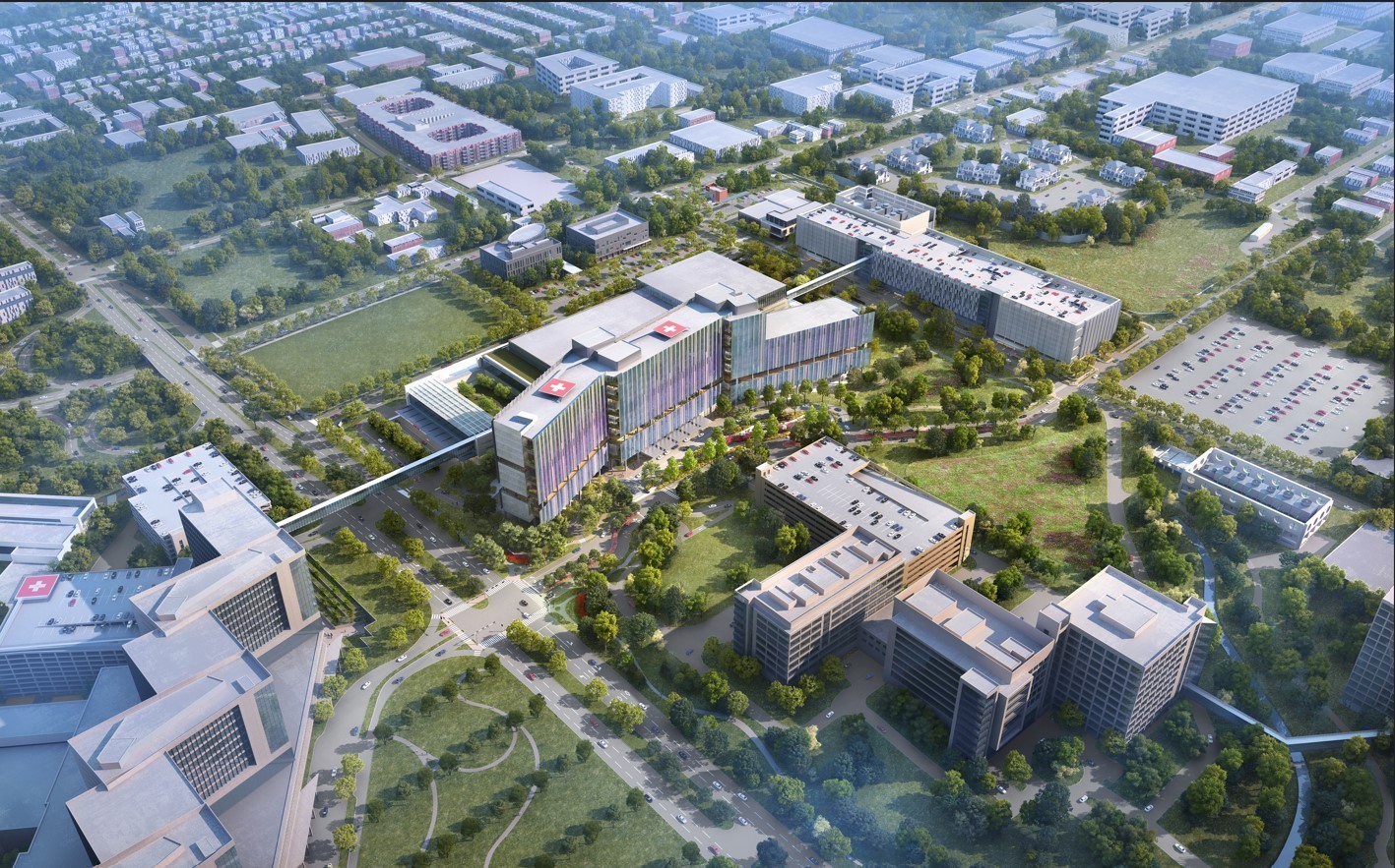 Aerial rendering of new pediatric hospital and campus. Image: 