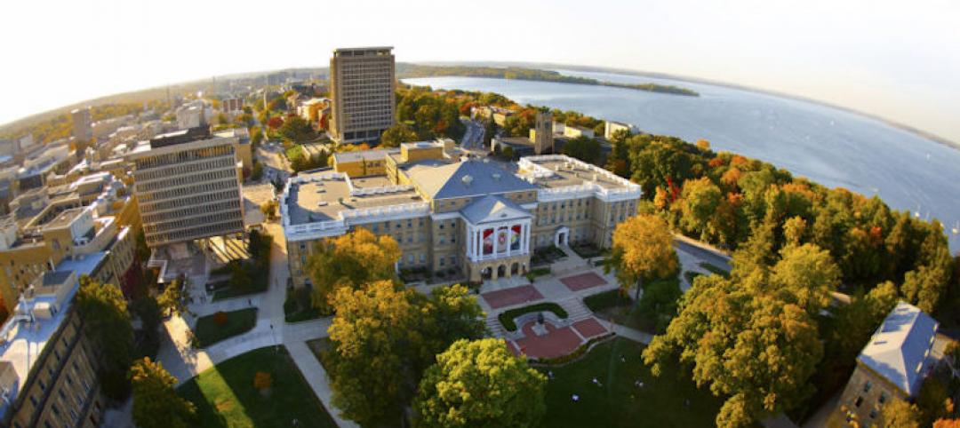 An aerial photograph of the UW Madison campus
