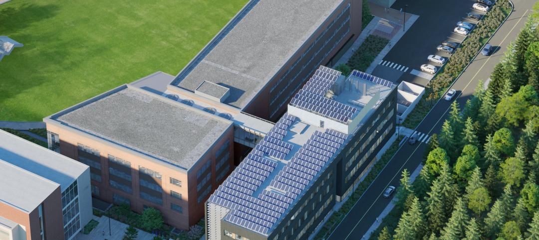 Kaiser Borsari Hall will draw 100% of its electricity from a rooftop solar panel array. Photo courtesy Perkins&Will