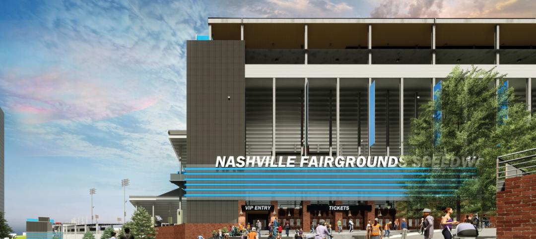 Nashville Fairgrounds Speedway Renovation rendering, black building with blue accents and large windows