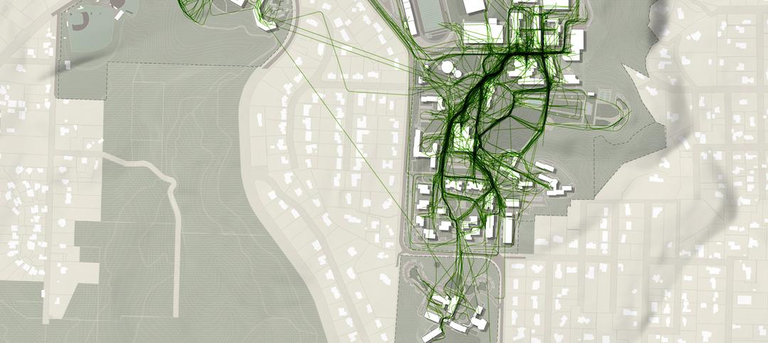 Data visualization showing how most pedestrian movement on campus is concentrated along a campus spine