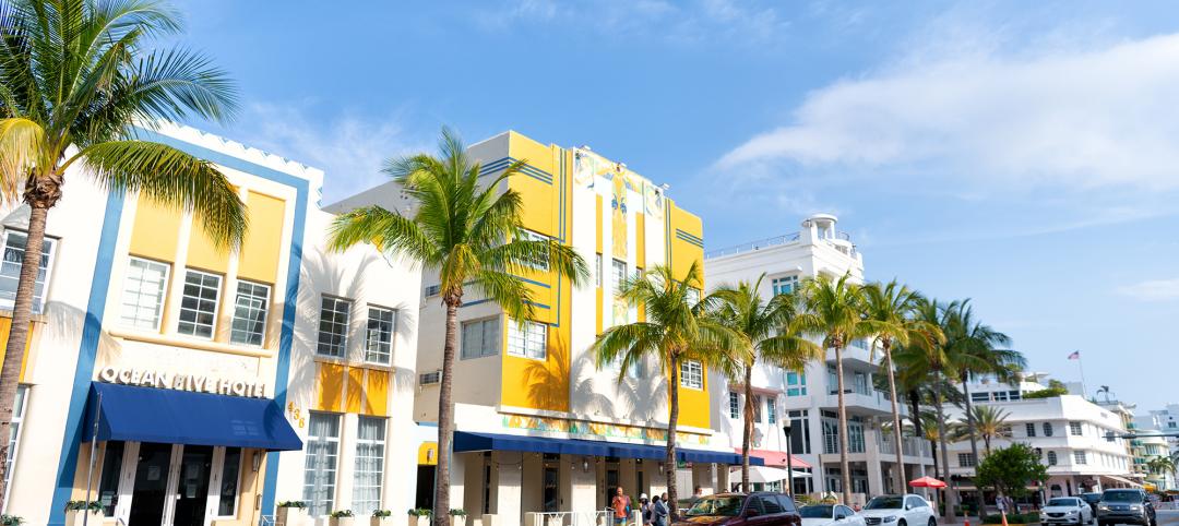 Miami, USA - April 18, 2021: iconic Ocean Drive street with art-deco hotel buildings in Florida