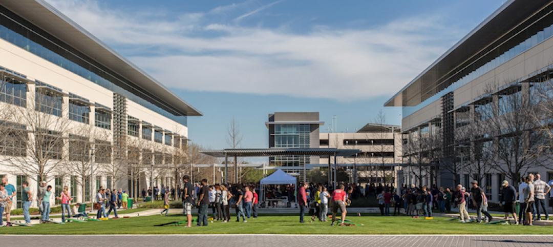 Employees in green space at apple's current Austin location
