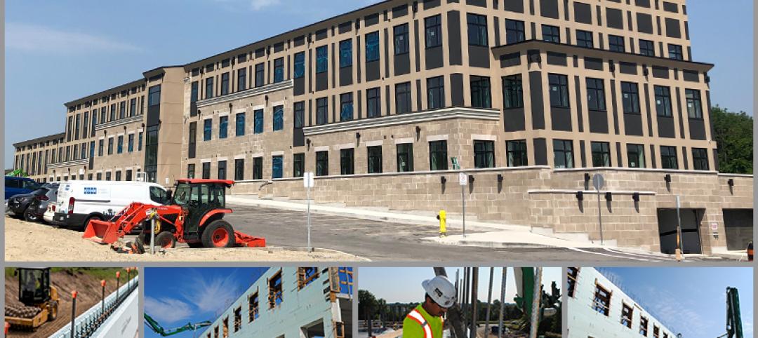 Howland Green Business Center – Finished photo with alternative photos showing the construction process featuring the Nudura XR35.