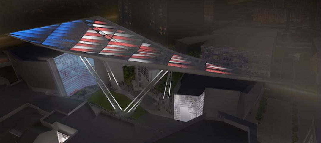 The Canopy of Peace with American flag colors projected on it