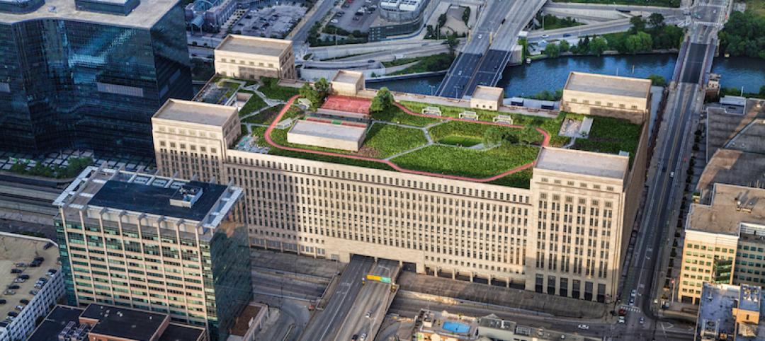 Aerial view of the Post Office redevelopment project with the green roof