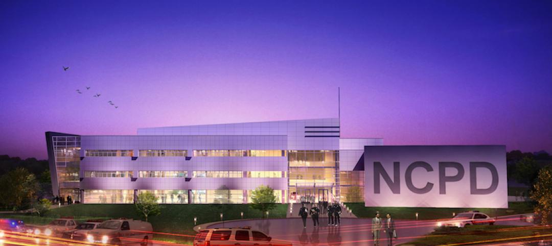 A rendering of the exterior of the new Nassau County Center for Training and Intelligence at dusk