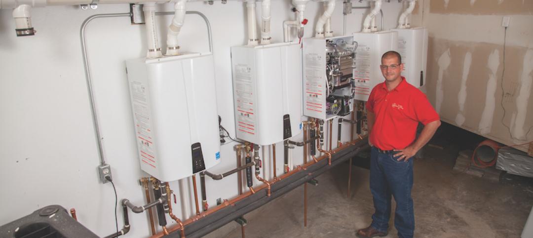 Jason Richards, A+ Plumbing Heating and Cooling, with Navien NPE-240A tankless water heaters