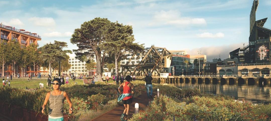 People running through a mixed-use waterfront community in San Francisco