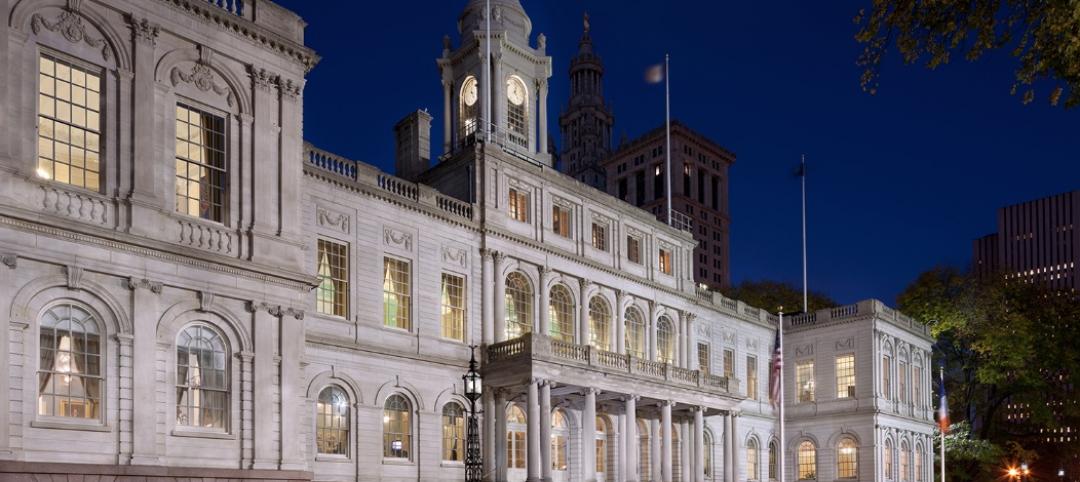 View of the restored south elevation of New York City Hall. The renovation is th