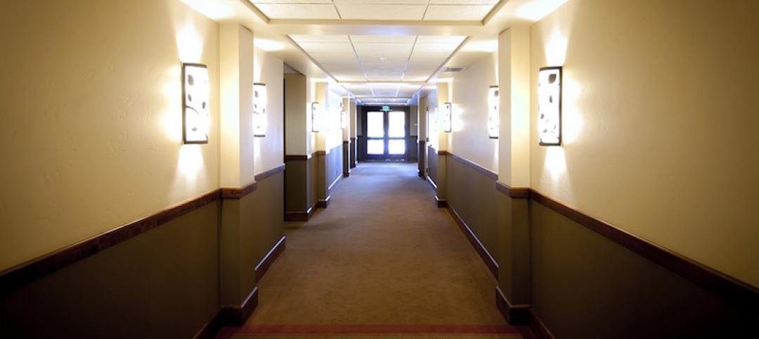 Rooms lining a hotel hallway