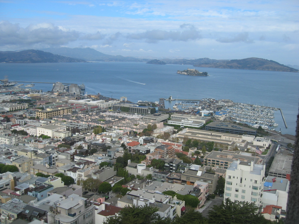 San Francisco, photographed northwards from the Coit Tower with Alcatraz in the 