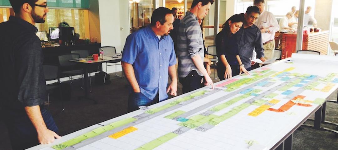 A project team in Skanska’s Seattle office works with design partners in a Lean pull planning session for a development in downtown Seattle.