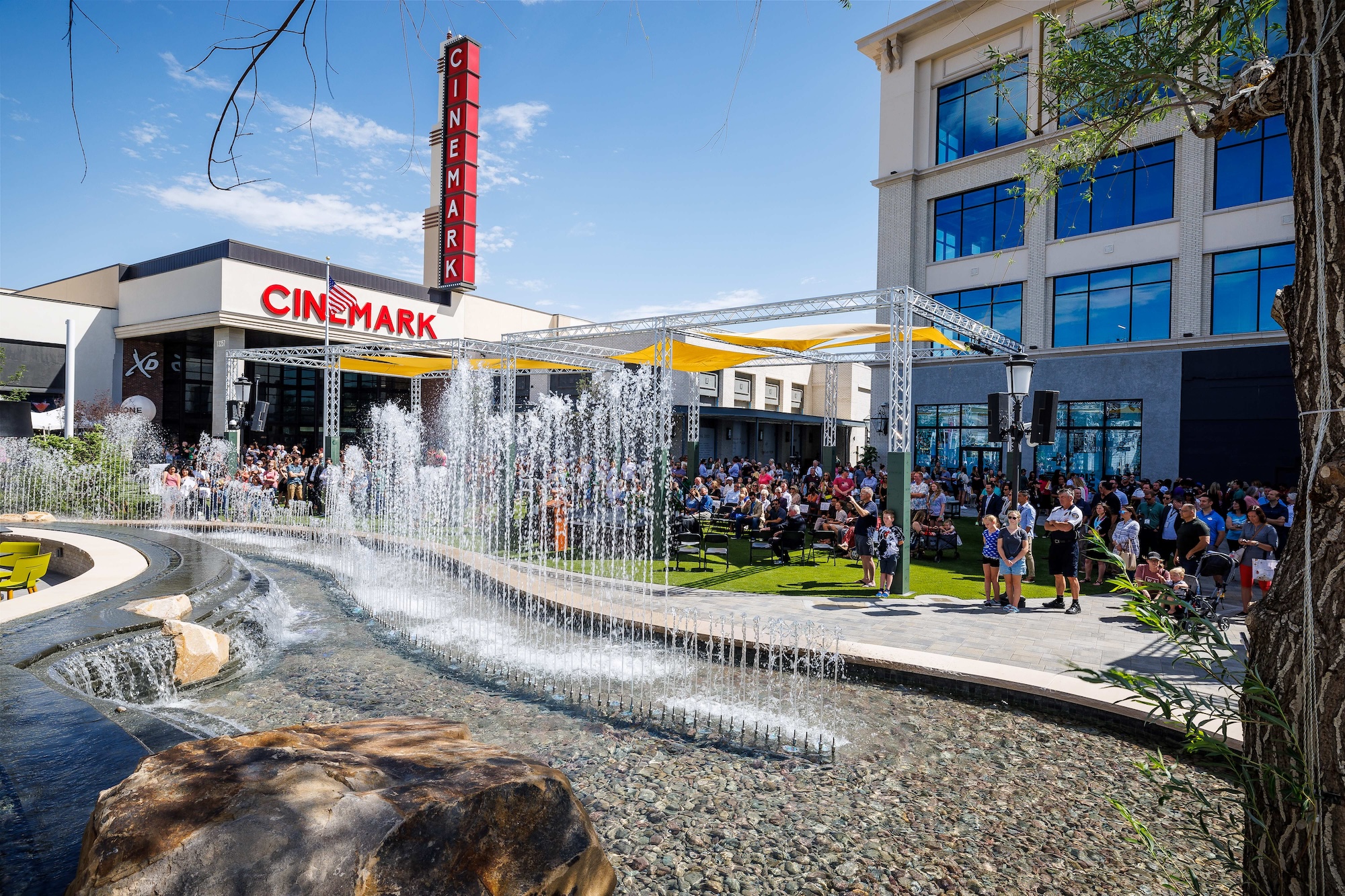 The AO-designed Mountain View Village in Utah has a water feature that’s controlled by an AI-assisted system, developed by Outside The Lines, that is capable of responding to different crowd movements. Photo courtesy Outside The Lines