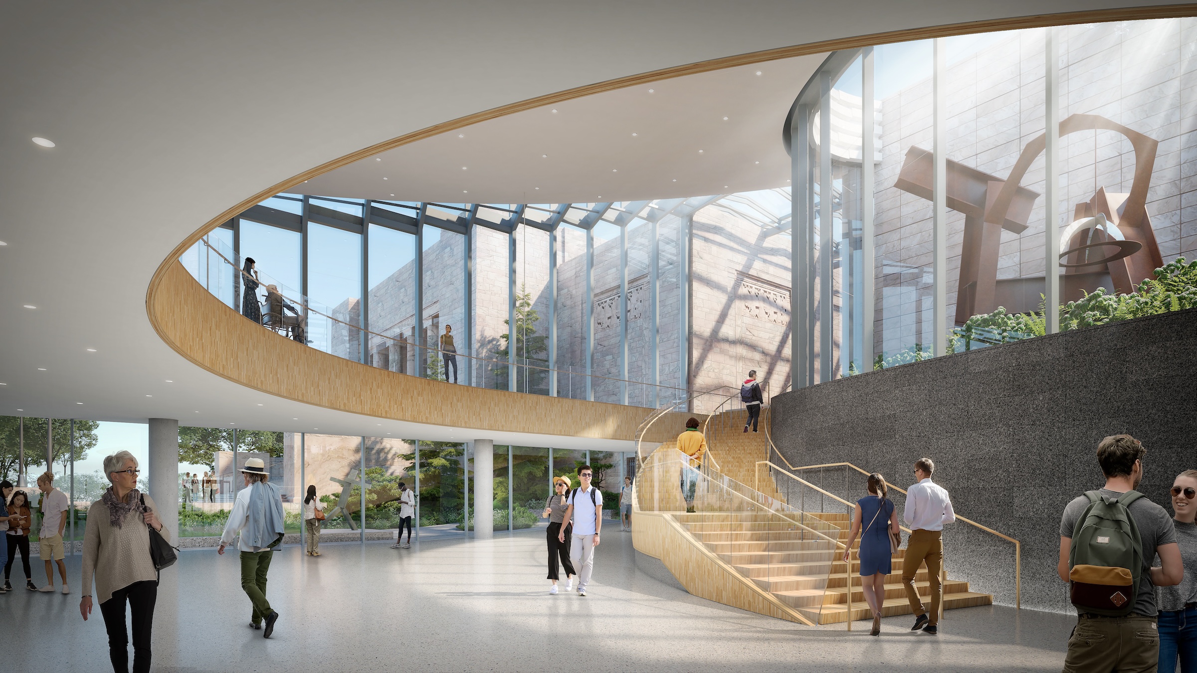 Hawks Pavilion entry atrium with views of the Joslyn Building, Scott Pavilion, and arrival garden. Rendering courtesy Moare