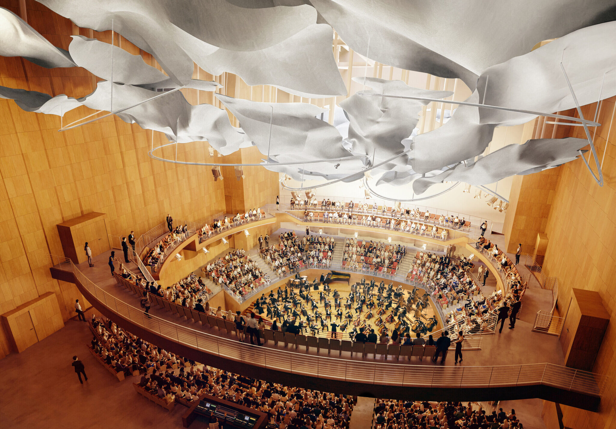 Rendering of the Colburn Center at the Colburn School. Interior of 1,000-seat concert hall named for Terri and Jerry Kohl located on the West end of the project site. Courtesy Frank O. Gehry & Gehry Partners, LLP