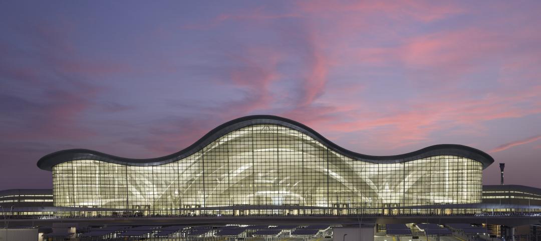 The front façade departures hall at Zayed International Airport, Terminal A. Photo: Victor Romero, courtesy Kohn Pedersen Fox (KPF)