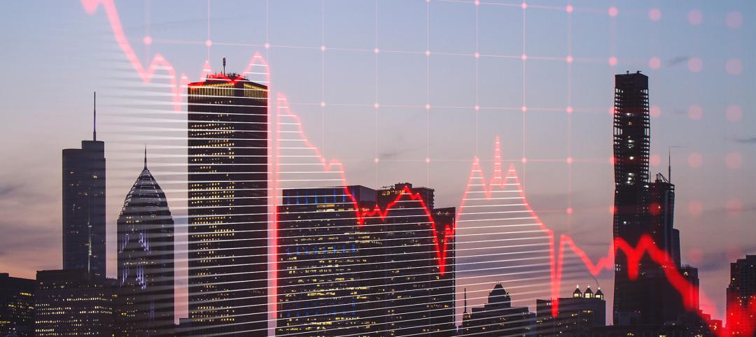 Real estate market crisis concept with red falling graph and city on background, double exposure