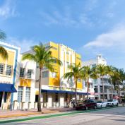 Miami, USA - April 18, 2021: iconic Ocean Drive street with art-deco hotel buildings in Florida